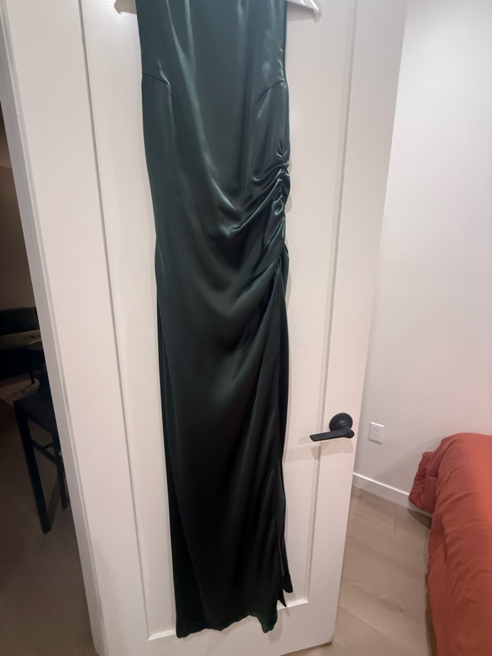 Anthropologie Dark Green Satin Ruched Maxi Dress